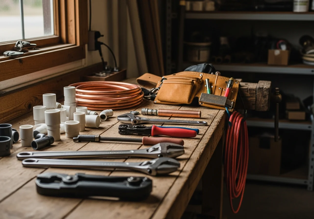 Plumbing tools and equipment arranged on a workbench, representing the trade and readiness for residential service calls.