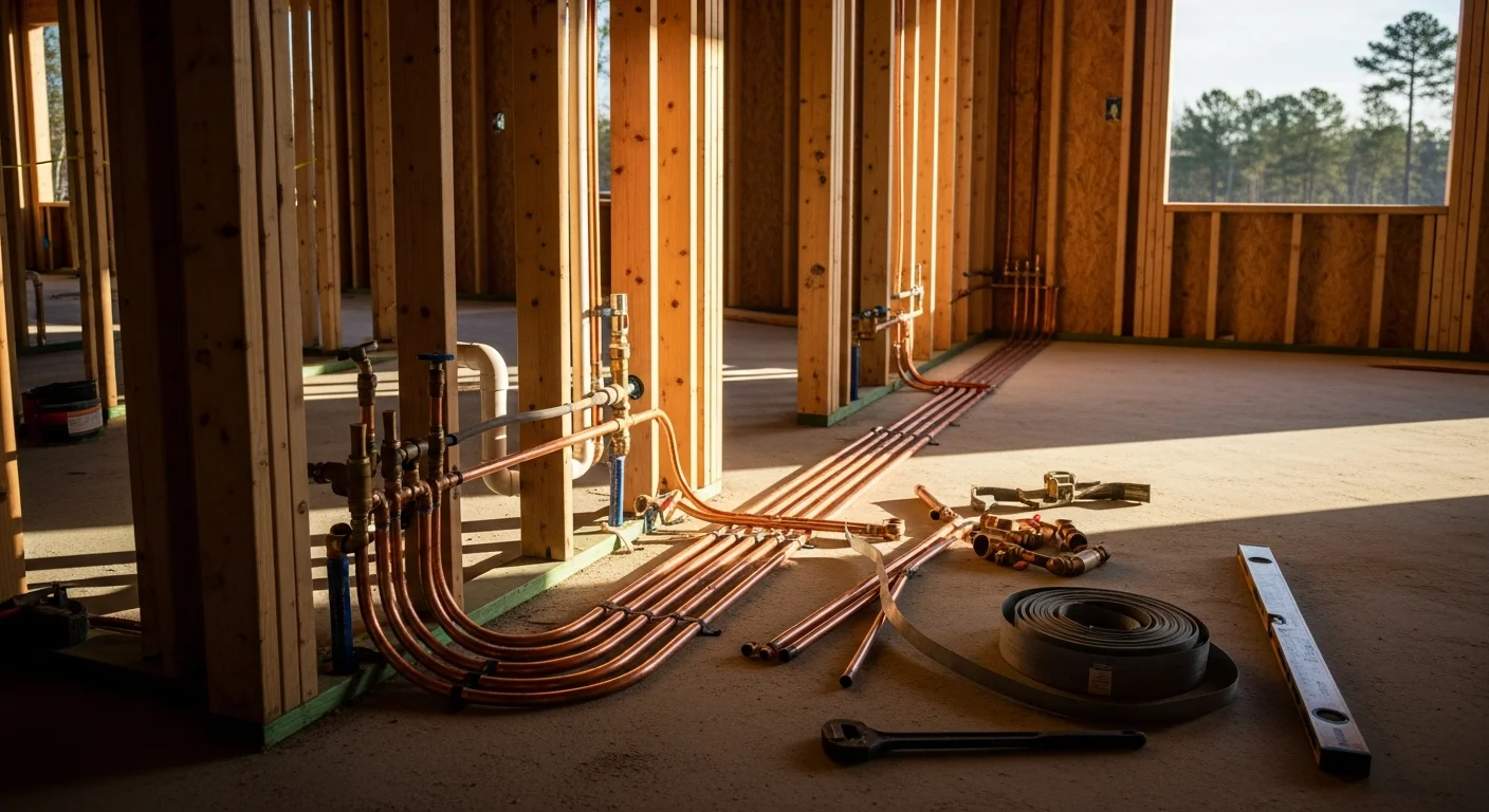Plumbing rough-in work during new home construction