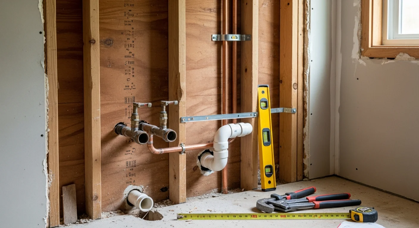 A newly installed bathroom in a Cherryville, NC single-family home showing a connected toilet, vanity sink with supply lines, and a tiled shower with visible drain and valve hookups. Clean pipe runs are visible beneath the open vanity cabinet.