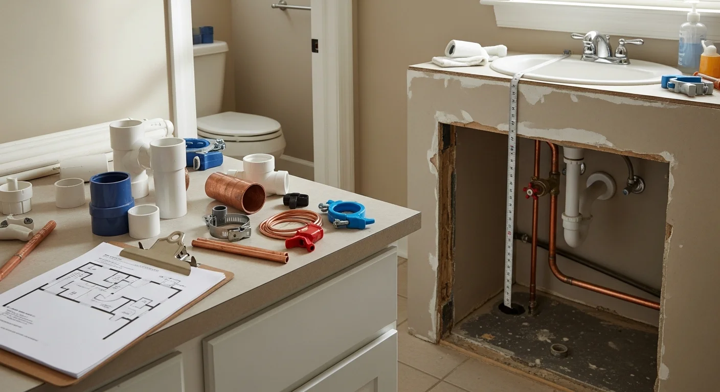 A Carolina's Best Plumbing consultant reviewing a bathroom layout with a Cherryville homeowner, noting plumbing fixture locations and wall conditions. The bathroom shows an older vanity and tile setup typical of established Cherryville homes.
