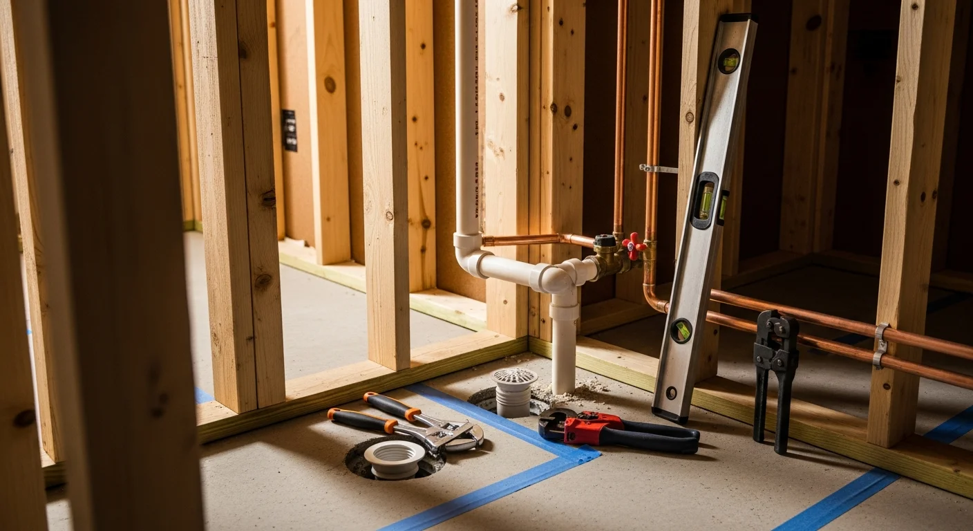 Open wall framing in a Cherryville, NC bathroom showing stubbed-out drain pipes and capped water supply lines during the rough-in plumbing phase. Hot and cold supply stubs and a toilet drain flange are positioned in the subfloor ahead of drywall installation.