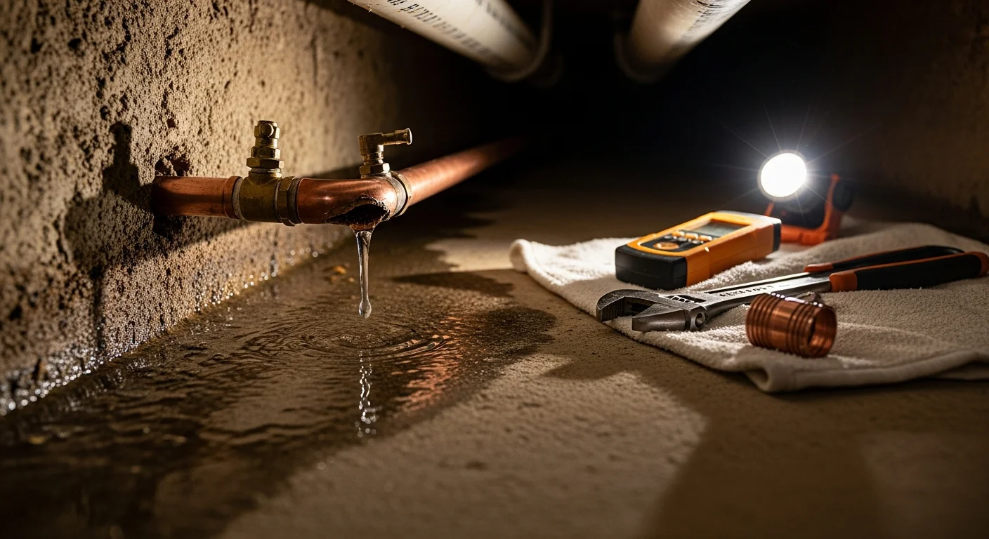 A licensed plumber repairing a burst pipe beneath the crawl space of a Cherryville, NC residential home. Water damage is visible on the surrounding wood framing prior to repair.