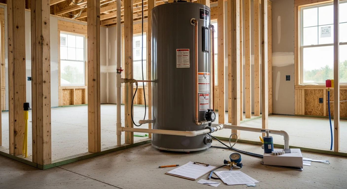 A licensed plumber reviewing installed fixtures and drain connections inside a newly framed home in Cherryville, NC. The image shows exposed supply lines and a connected water heater ready for final plumbing inspection.