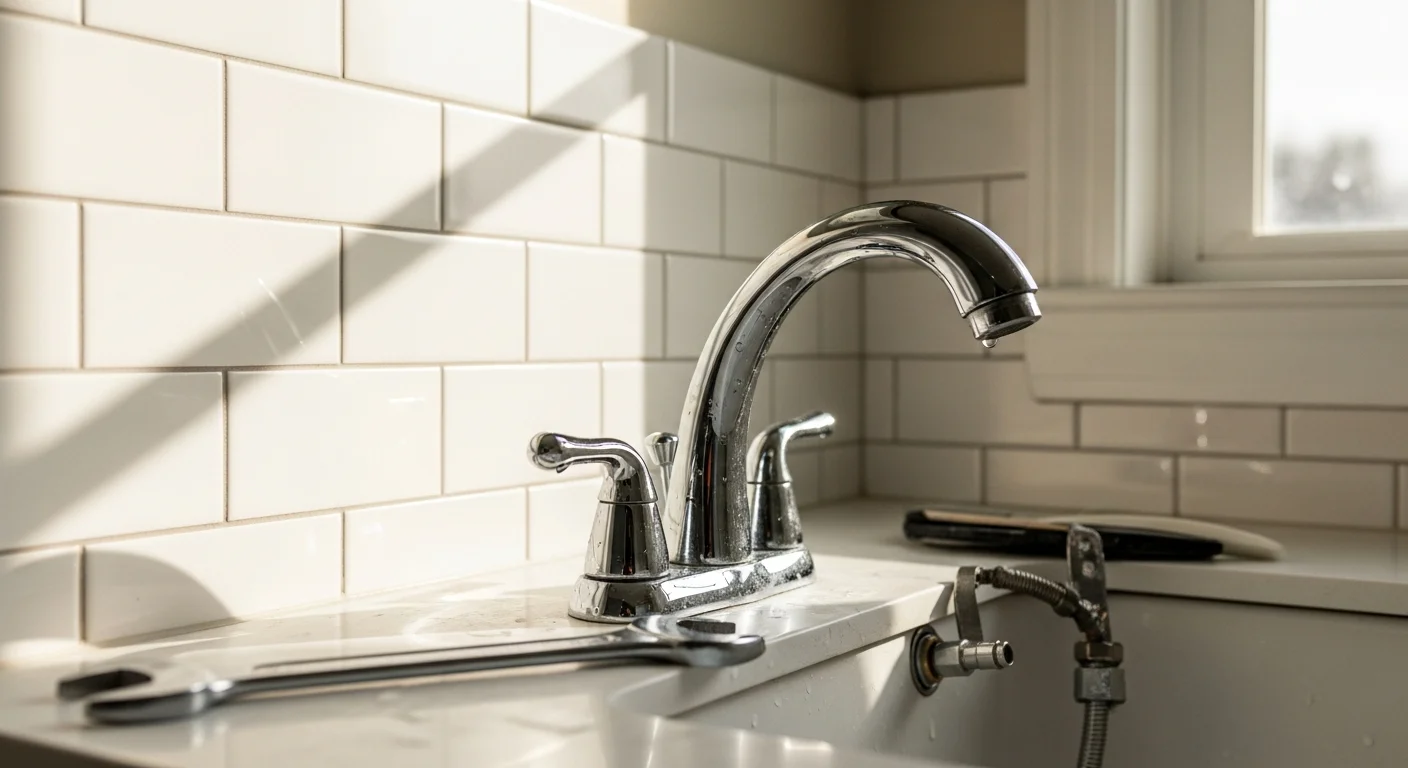 A newly installed bathroom sink and faucet in a Cherryville, NC home, with clean supply lines and a matching shut-off valve visible below the vanity. The surrounding vanity and countertop show a finished bathroom remodel in progress.