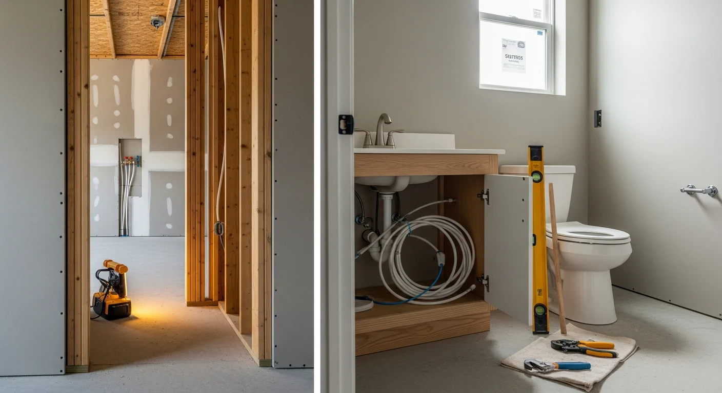 A licensed plumber setting a white porcelain toilet and connecting supply lines inside a newly framed bathroom of a new construction home in Cherryville, NC. Unfinished drywall and rough-in plumbing are visible in the background.