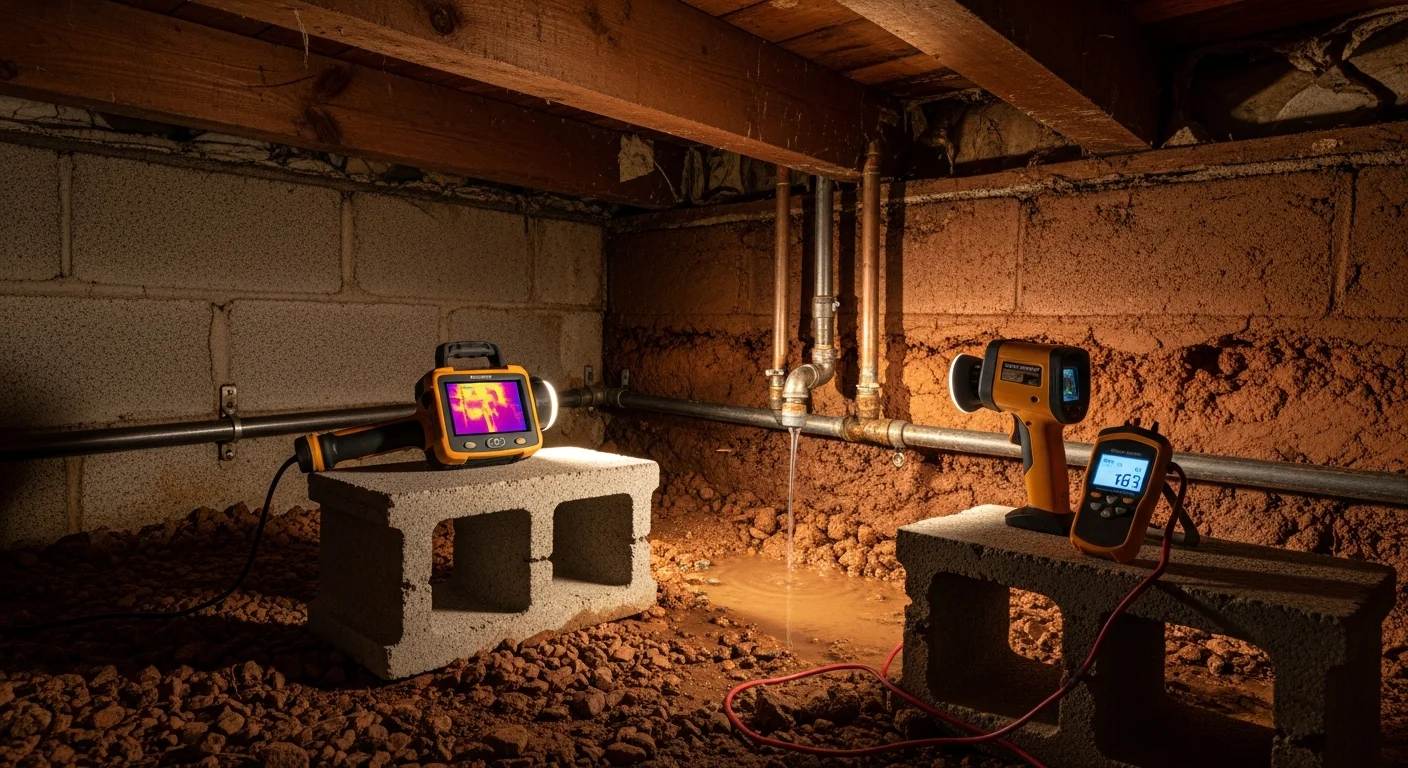 A Carolina's Best Plumbing technician inspecting a crawl space pipe for leaks beneath a Cherryville, NC home. A repaired supply line fitting is visible with no signs of moisture or corrosion.