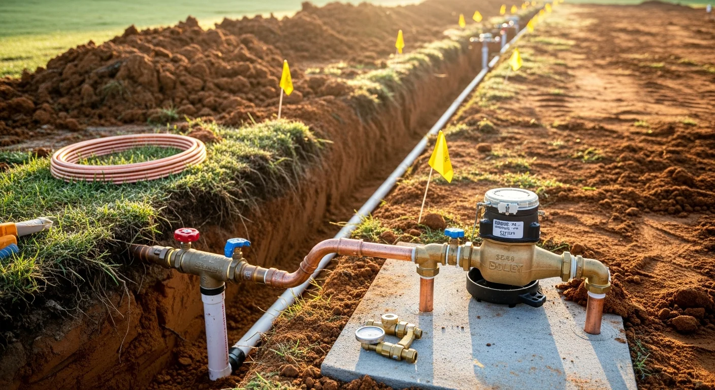 A freshly trenched water service line running from the municipal connection point to a new construction foundation in Cherryville, NC. The copper supply line is visible in the trench before backfill, with the meter connection point set at grade level.