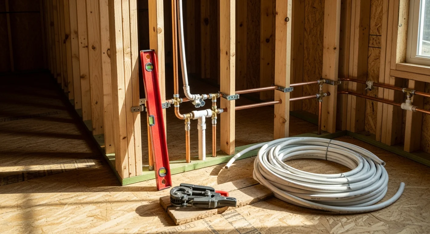 A Cherryville new construction home interior showing exposed wall framing with rough-in water supply lines and drain-waste-vent pipes installed before drywall. PVC drain pipes and copper supply stub-outs are visible between wall studs in a partially framed bathroom.