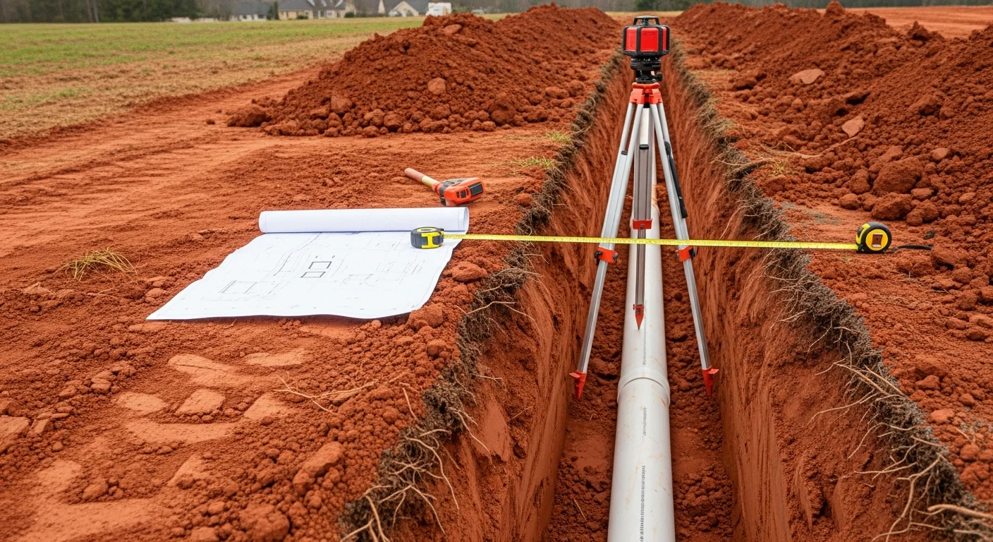 A freshly excavated trench on a new construction lot in Cherryville, NC, showing a sewer line laid at a downward slope toward the municipal connection point. Red clay Piedmont soil is visible along the trench walls, with construction framing in the background.