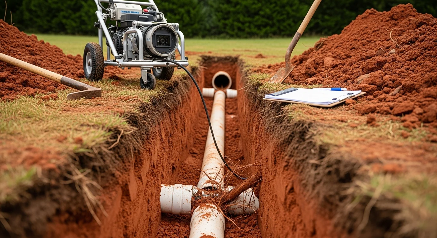 A plumber performing a sewer camera inspection on a residential sewer line in Cherryville, NC, with excavated clay soil visible around the damaged pipe section. The image shows the pipe interior on a monitor, revealing a root intrusion blockage in a Cherryville home's main sewer line.
