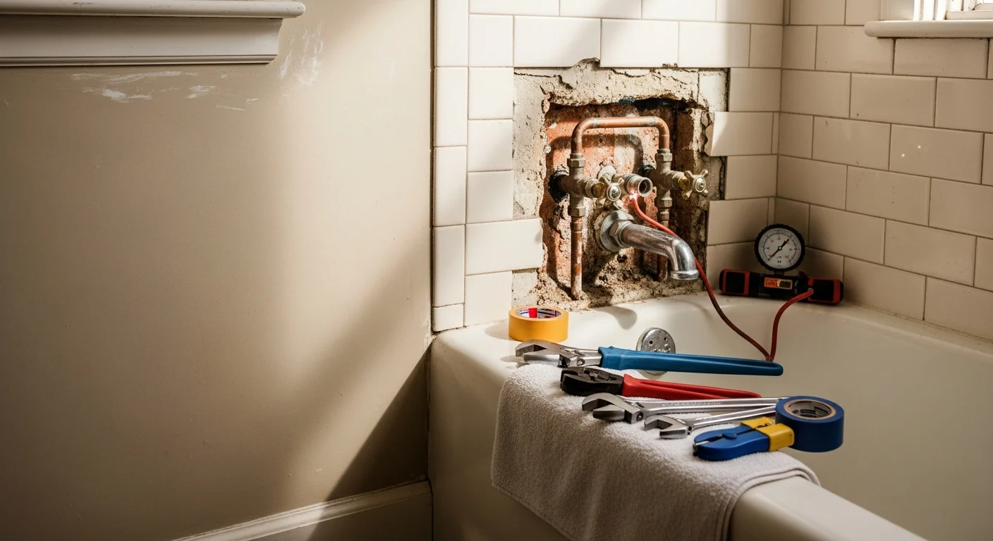 A plumber inspecting the drain and valve connections beneath a residential bathtub in a Cherryville, NC single-family home during a bathroom plumbing service call. The surrounding tile surround and tub fixtures are intact while the access panel is open for repair work.