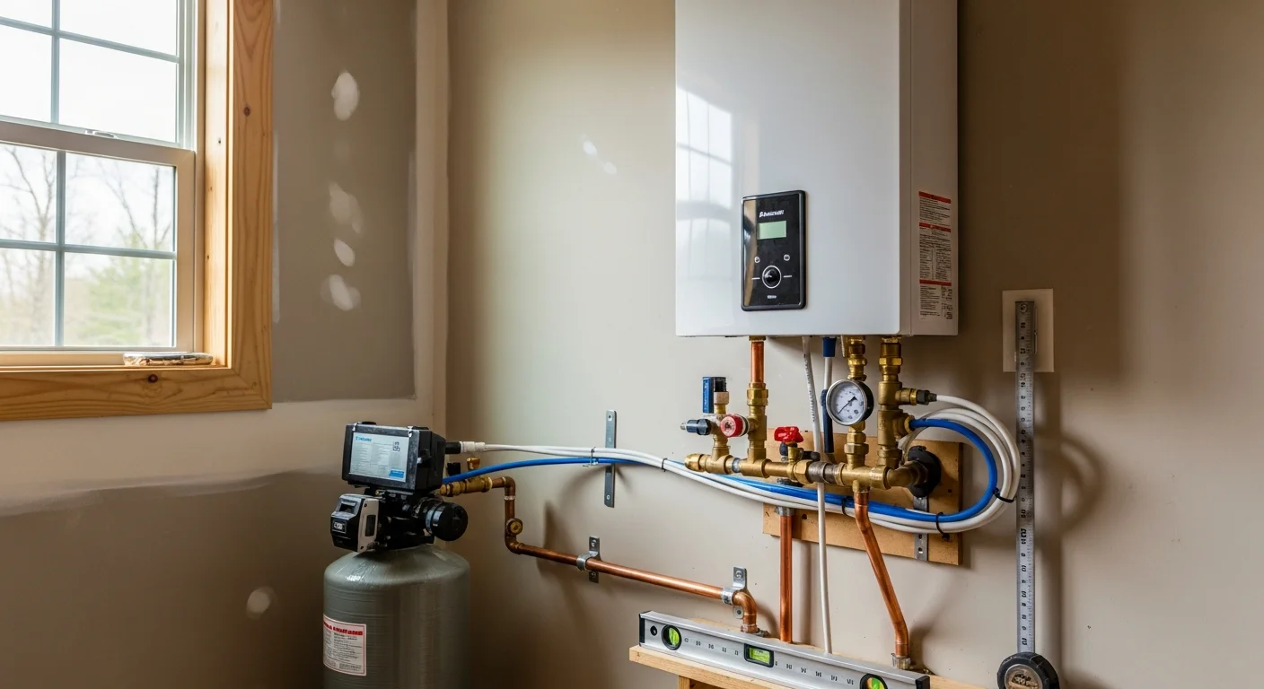A tankless water heater mounted on a utility room wall inside a Cherryville, NC home, with copper supply lines and a gas connection visible. The compact unit replaces a traditional tank-style heater, leaving open floor space in the room.