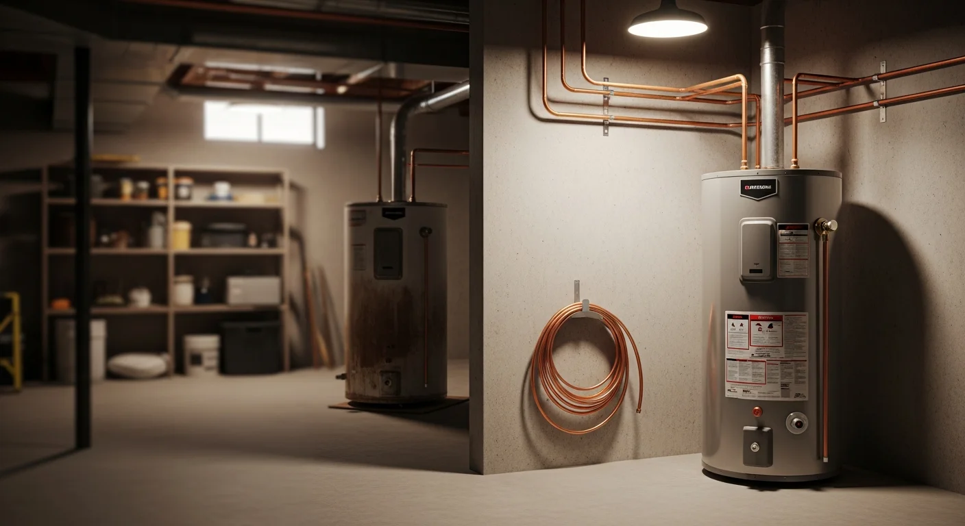 A licensed plumber from Carolina's Best Plumbing completing a water heater installation in a Cherryville, NC home utility room. The new tank unit is connected to copper supply lines with all fittings secured and the area left clean.