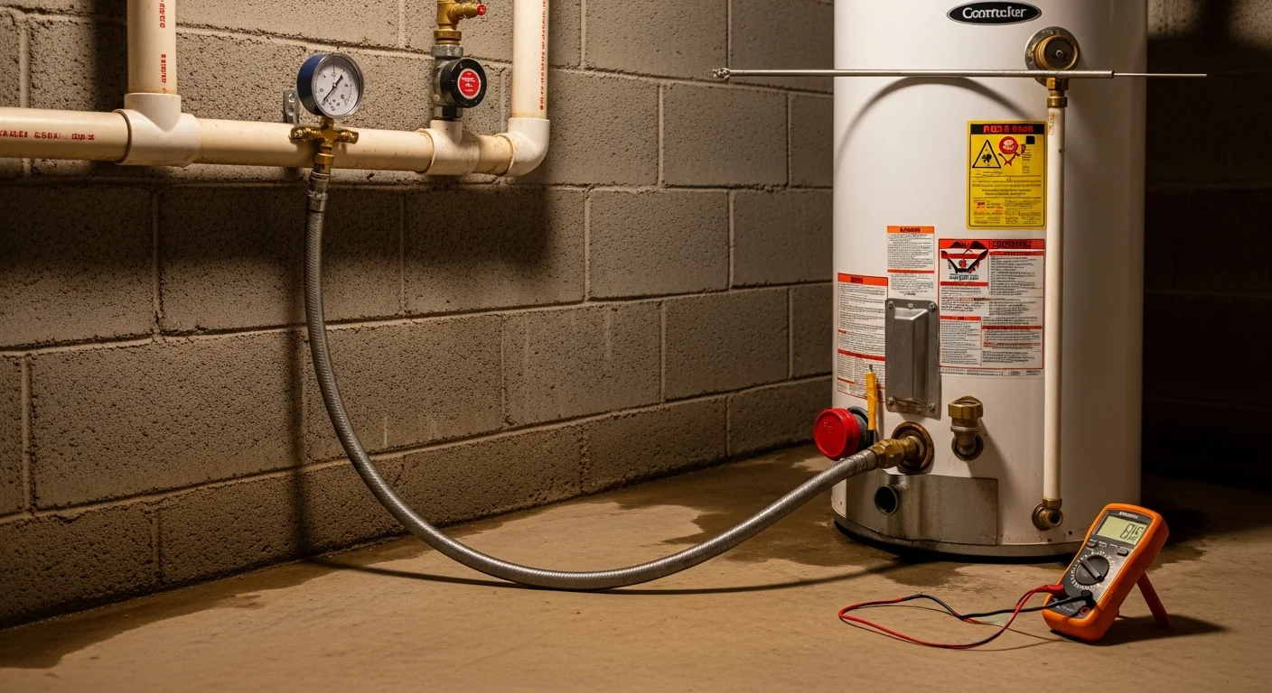 A plumber from Carolina's Best Plumbing performing a water heater maintenance inspection on a tank-style unit inside a Cherryville, NC home. The technician is checking the pressure relief valve and inspecting the anode rod connection.
