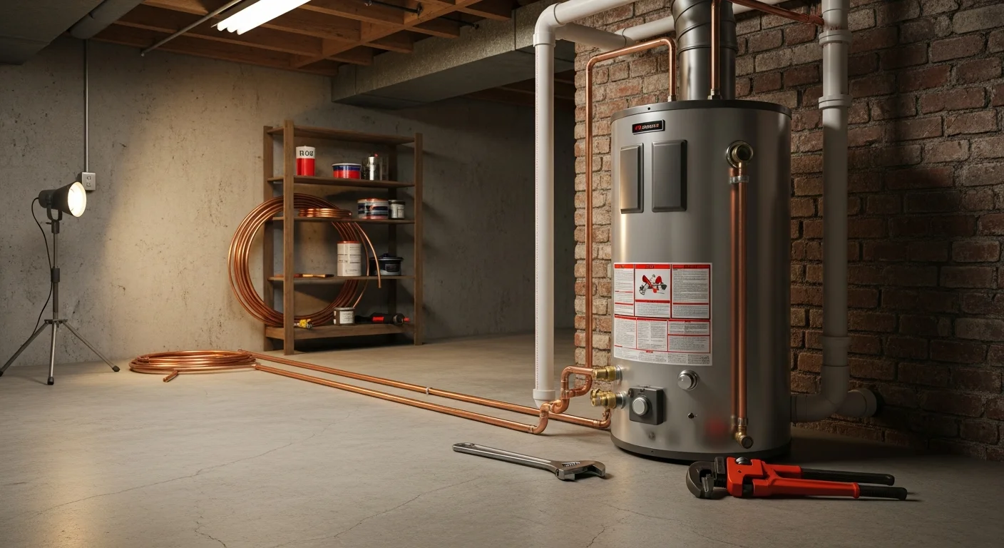 A licensed plumber from Carolina's Best Plumbing installing a new water heater tank in the utility room of a single-family home in Cherryville, NC. The old unit has been removed and the new tank is being connected to the existing water supply lines.