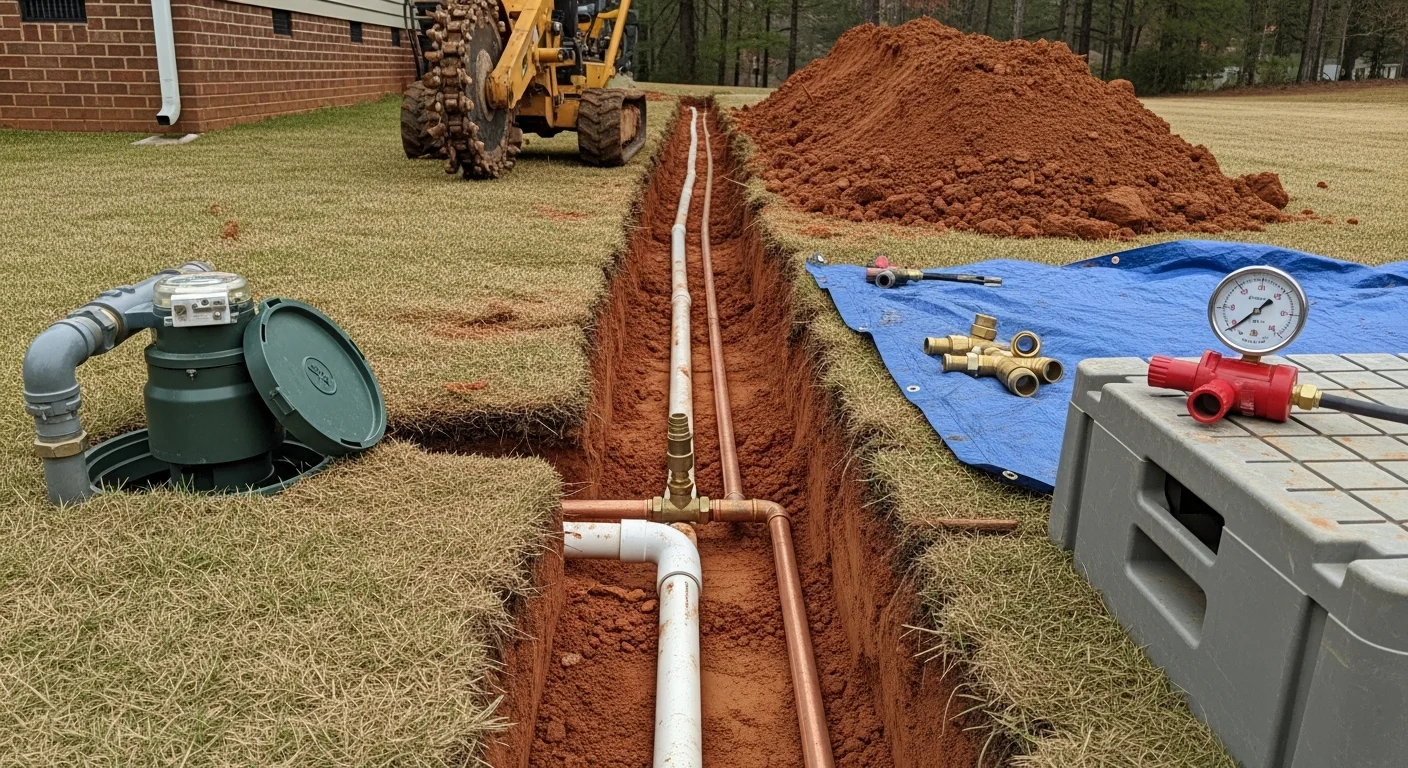 A licensed plumber from Carolina's Best Plumbing inspecting a newly installed water service line trench at a residential property in Cherryville, NC. The image shows fresh pipe laid in a straight trench leading from the street meter to the home's foundation.